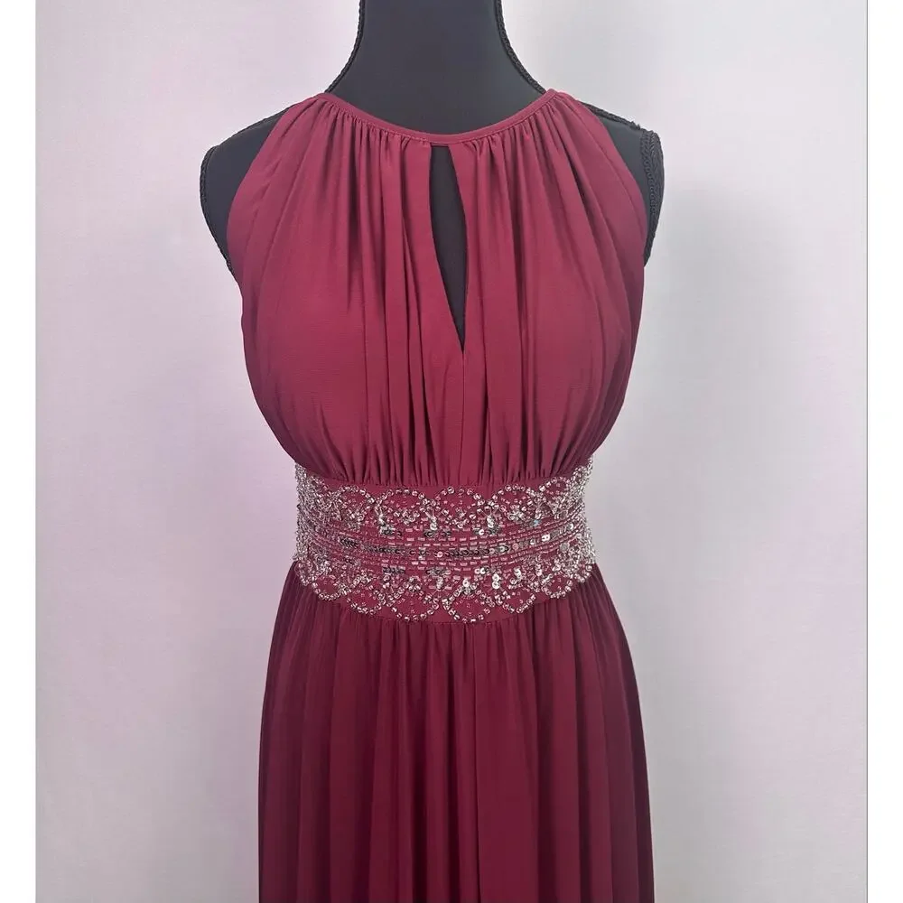 R&M Richards Wine Beaded Halter Evening Gown Keyhole Neck Maxi Dress Size 8 - Picture 4 of 15